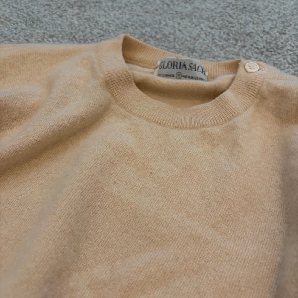 Gloria Sachs 100% Cashmere Sweater Womens S Tan Short Sleeve Crewneck Luxury